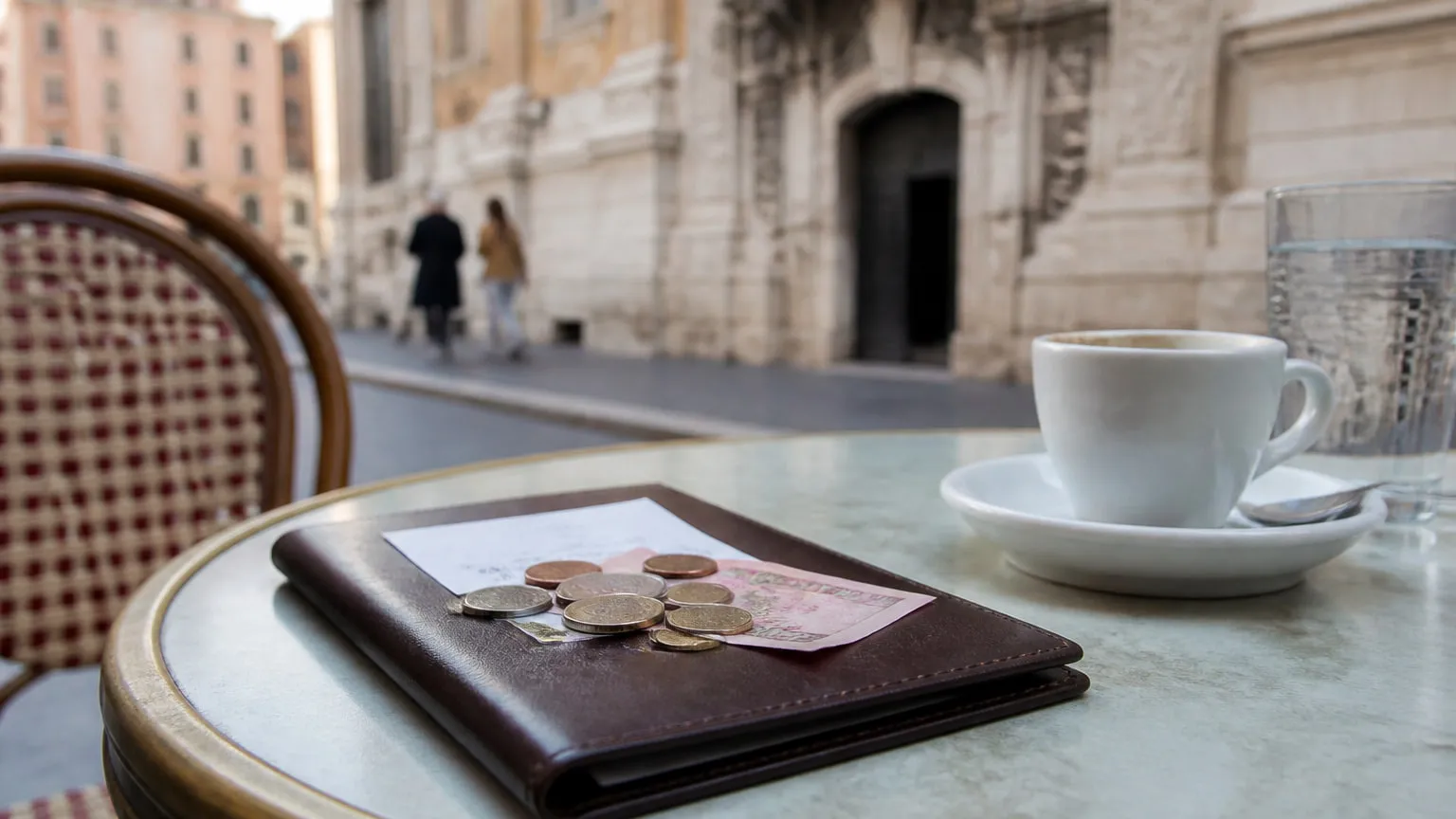 Coins and a banknote left on a bill folder at an outdoor café table beside an espresso cup