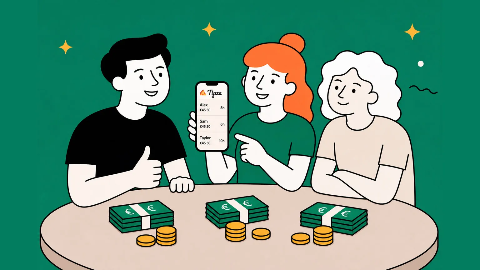 Three happy colleagues around a table dividing tips, one showing the Tipza split breakdown on a phone