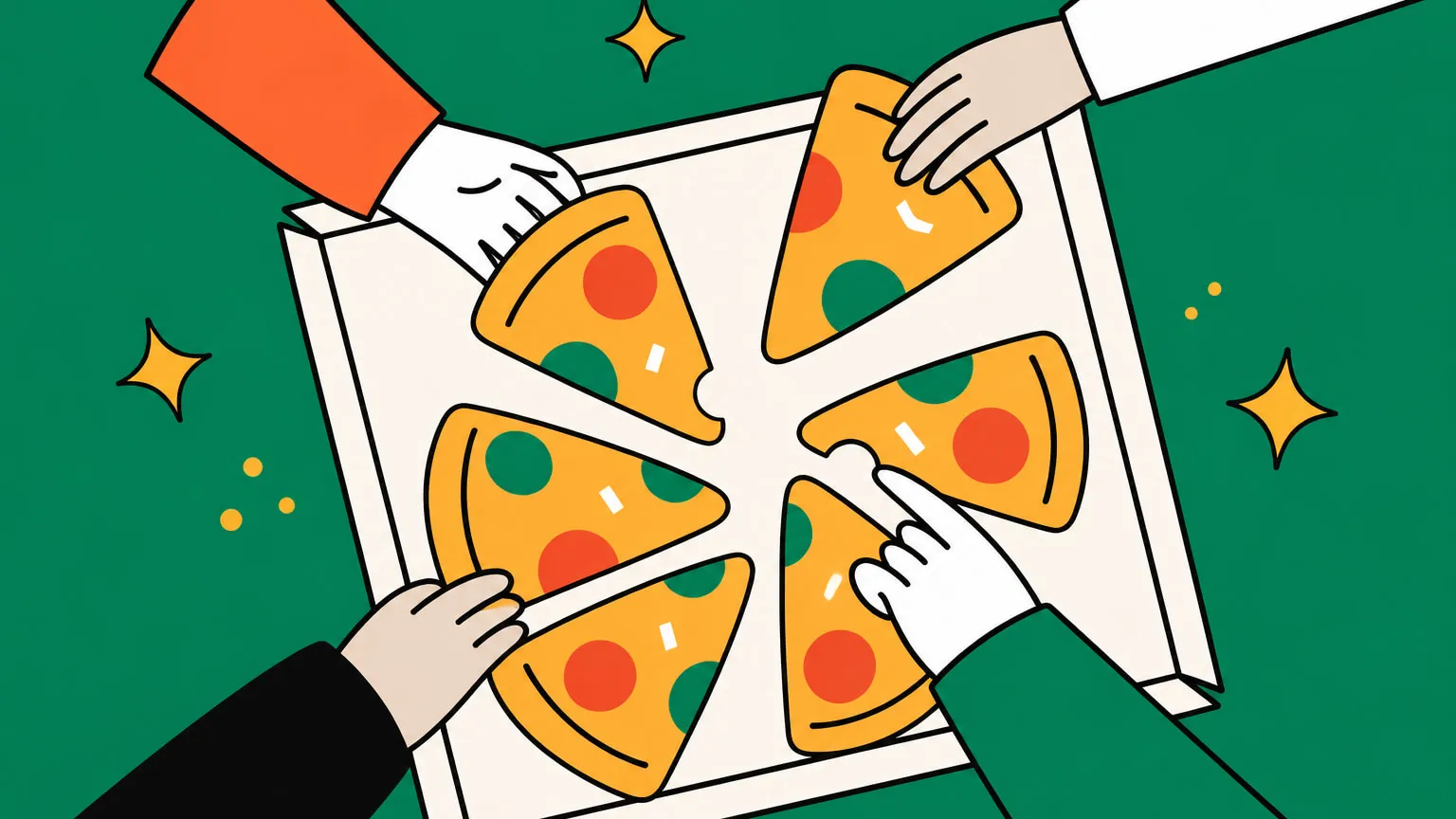 Four hands taking slices from a shared pizza in an open box