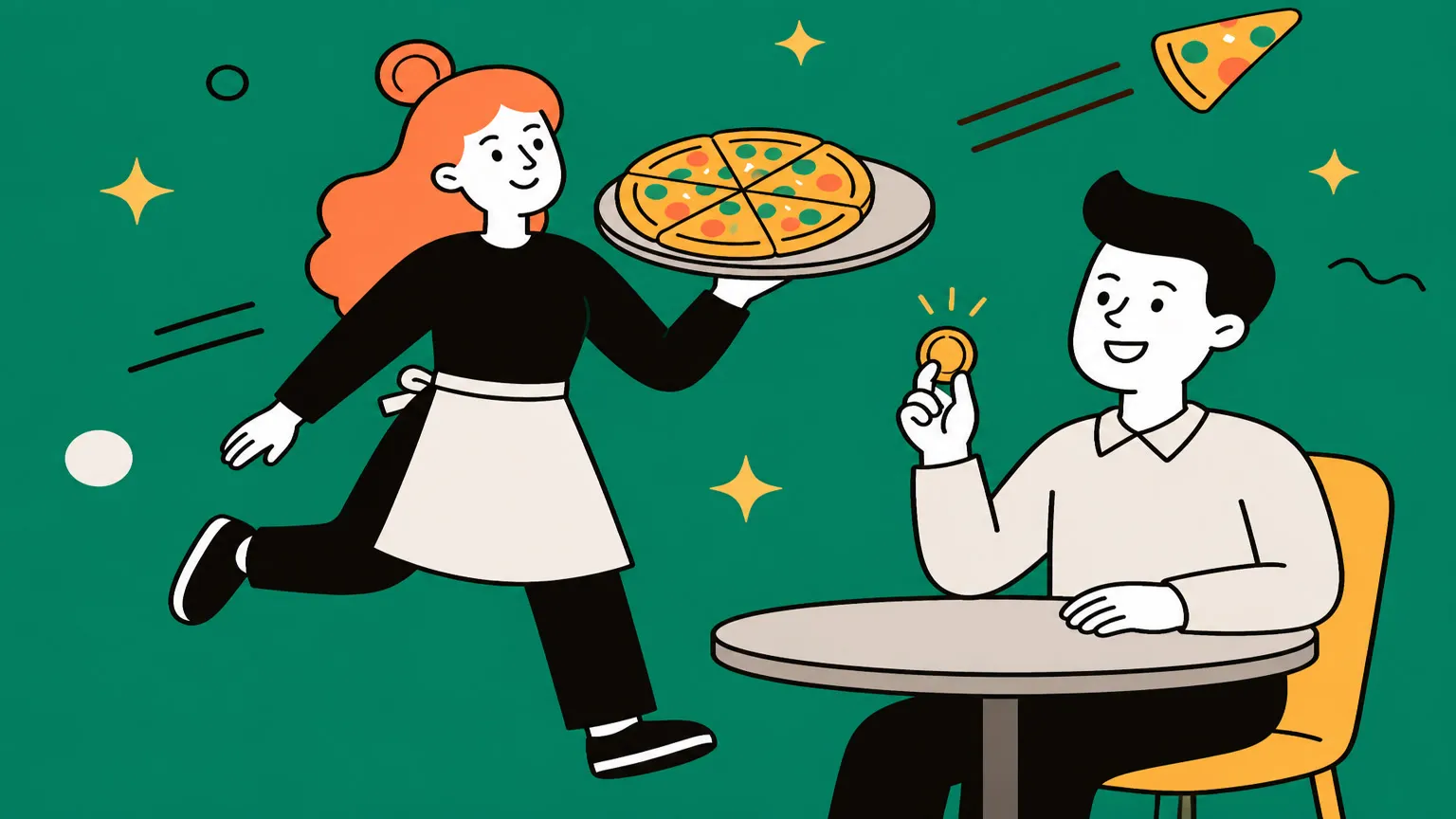 Eine fröhliche Servicekraft trägt ein Pizzatablett zu einem Gast am Tisch, der eine Münze hochhält
