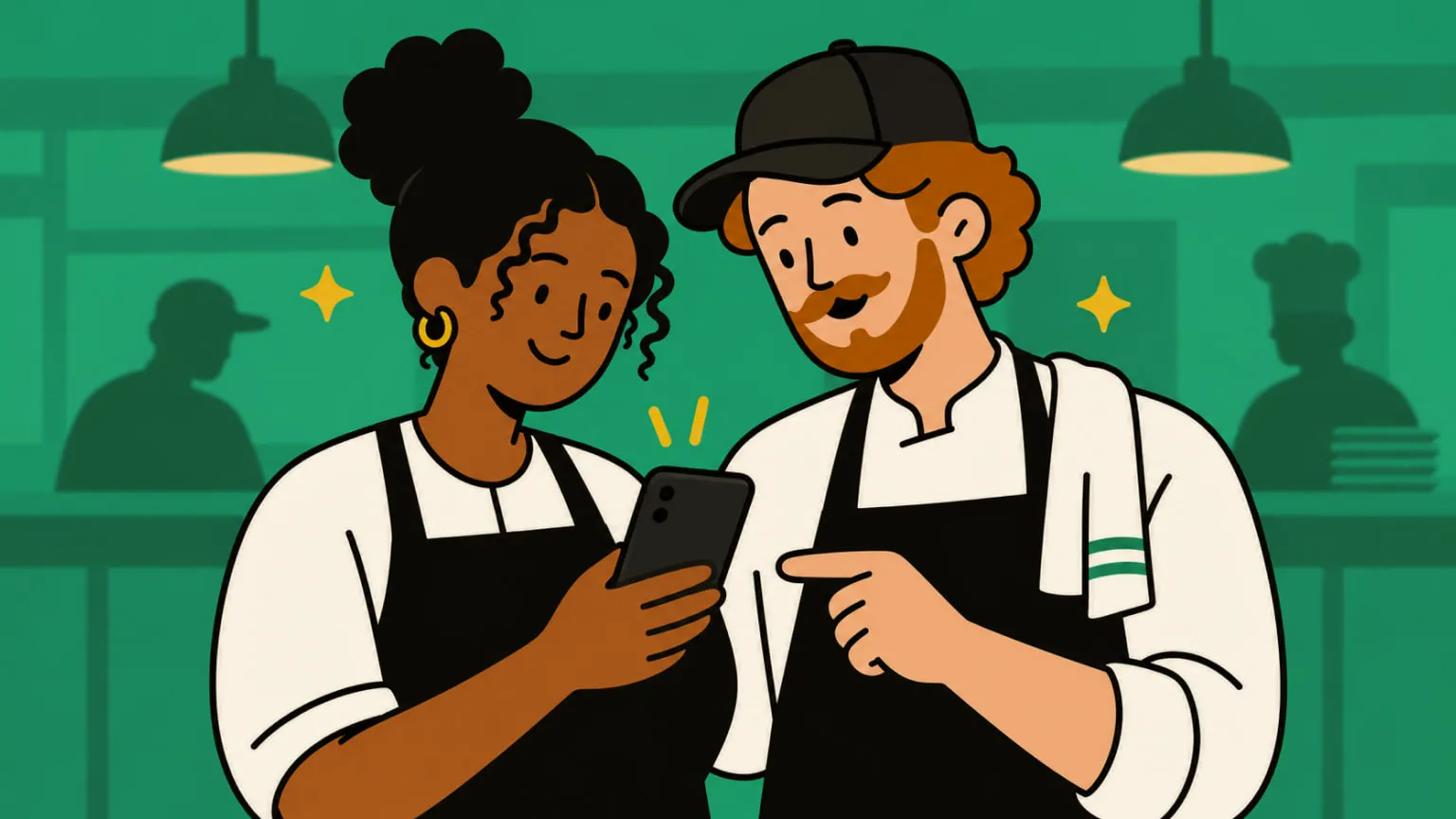 Flat illustration of a shift lead and a colleague reviewing a tip split on a phone in the kitchen