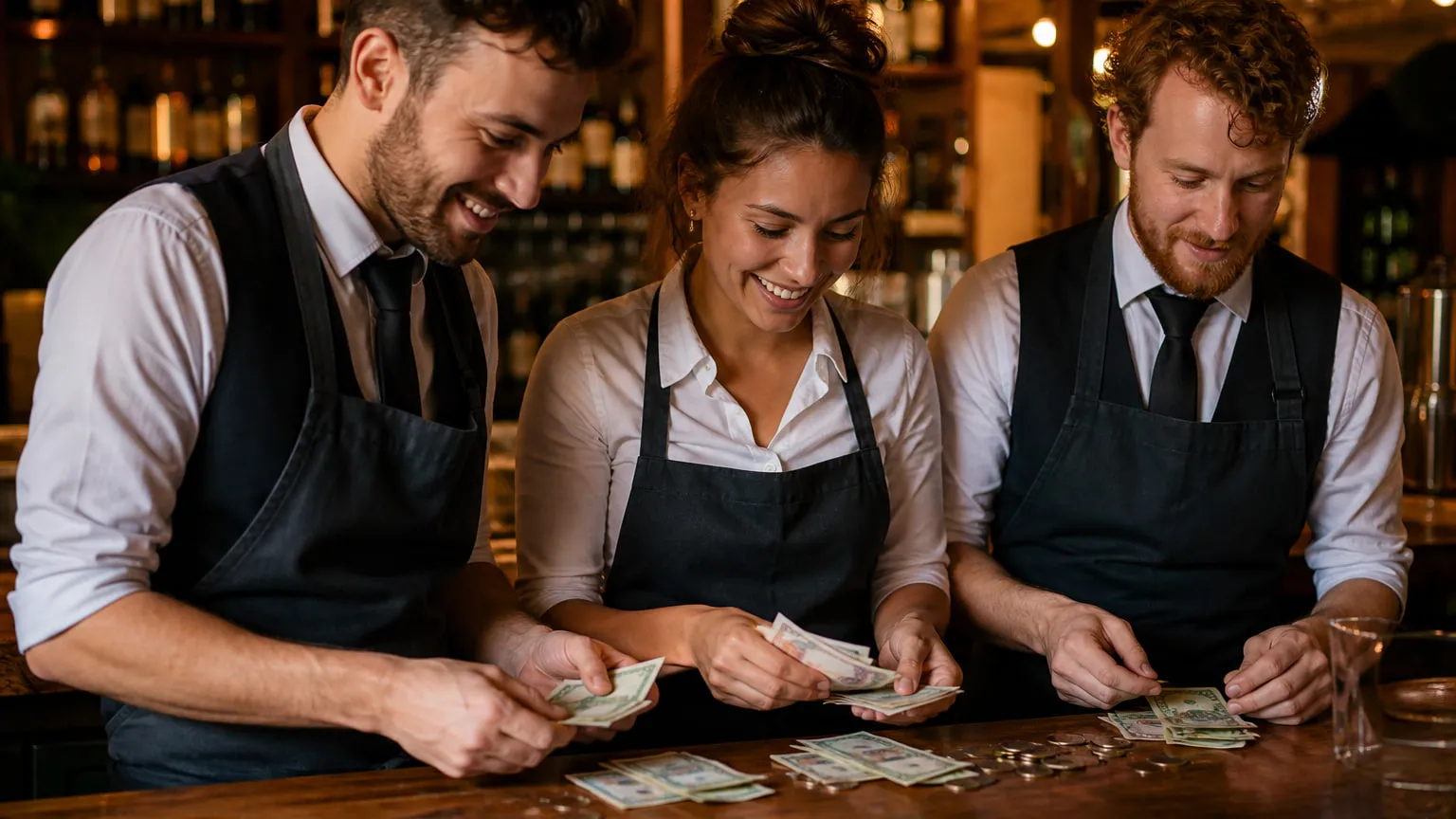 Three colleagues behind a bar counter counting cash tips together
