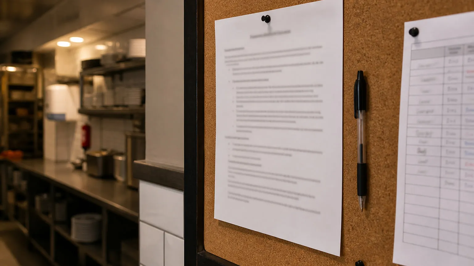 A printed tip policy and a distribution sheet pinned to a cork board on a restaurant back-of-house wall