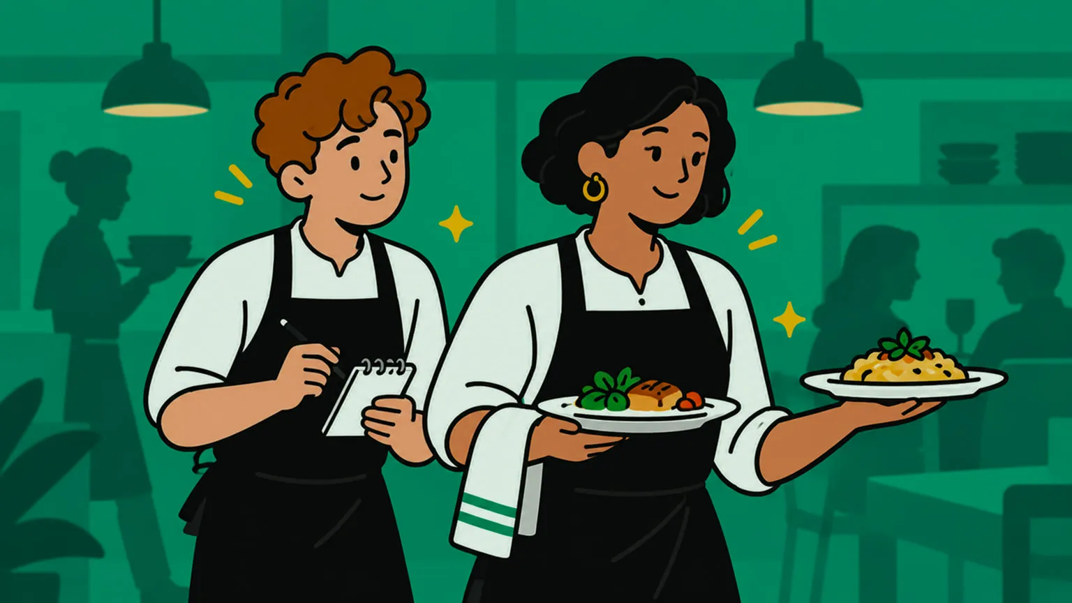 Flat illustration of a trainee with a notepad watching a senior server carry plates on the floor
