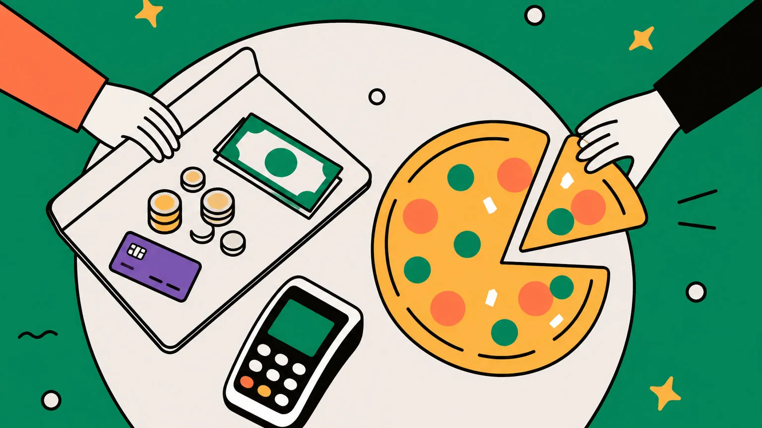 Ein Restauranttisch mit Rechnungsmappe, Kartenterminal und einem Pizzastück, das als Trinkgeld genommen wird
