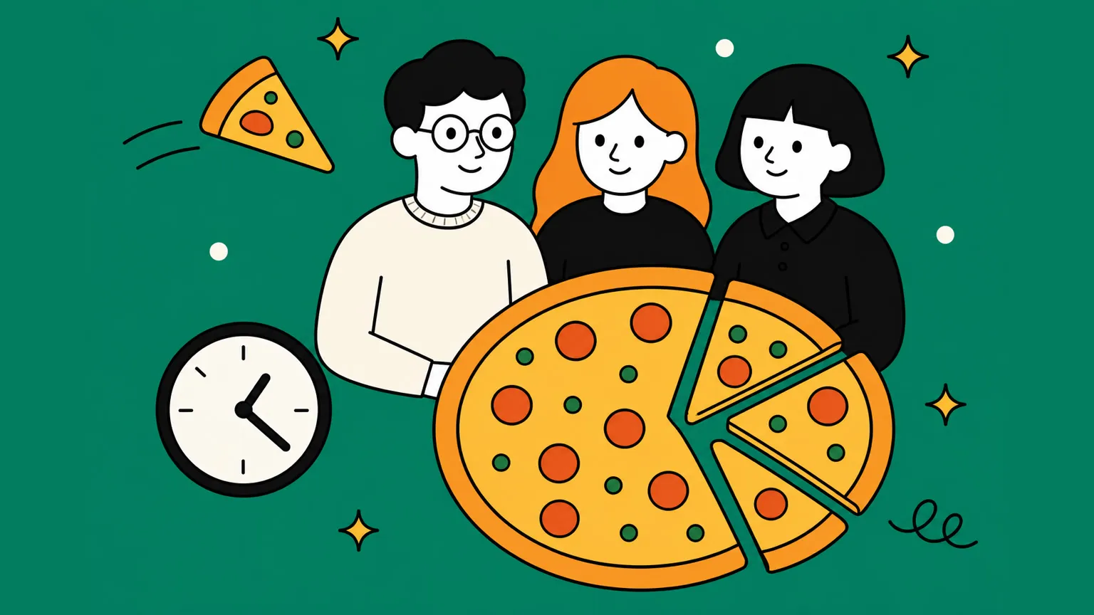 Three colleagues beside a clock and a pizza cut into unequal slices
