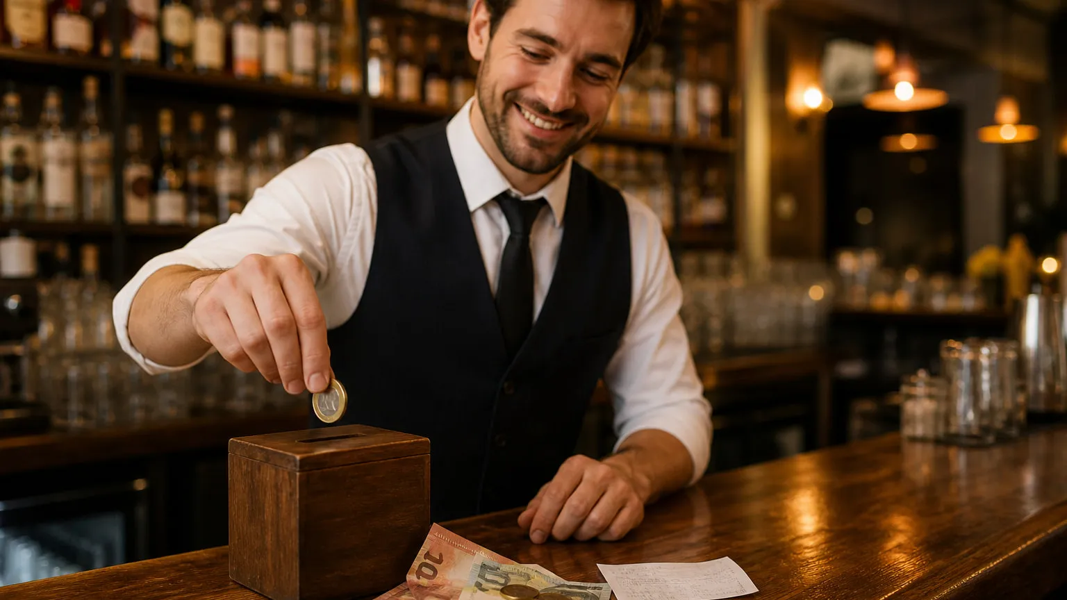 A bartender dropping a coin into a wooden tips box on the bar