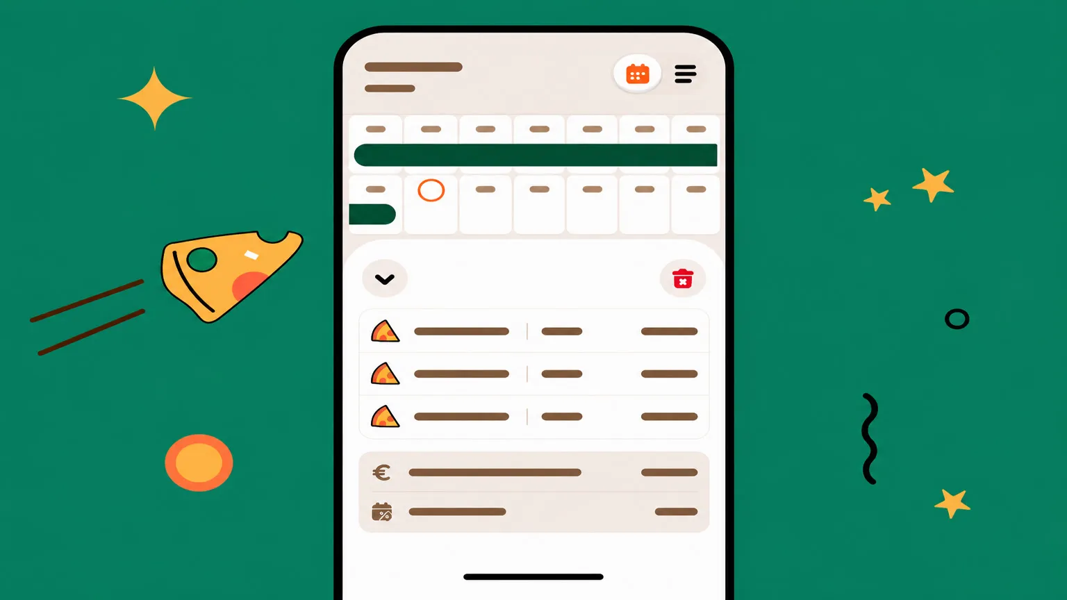 A phone showing a Tipza split history screen with a flying pizza slice on a green background