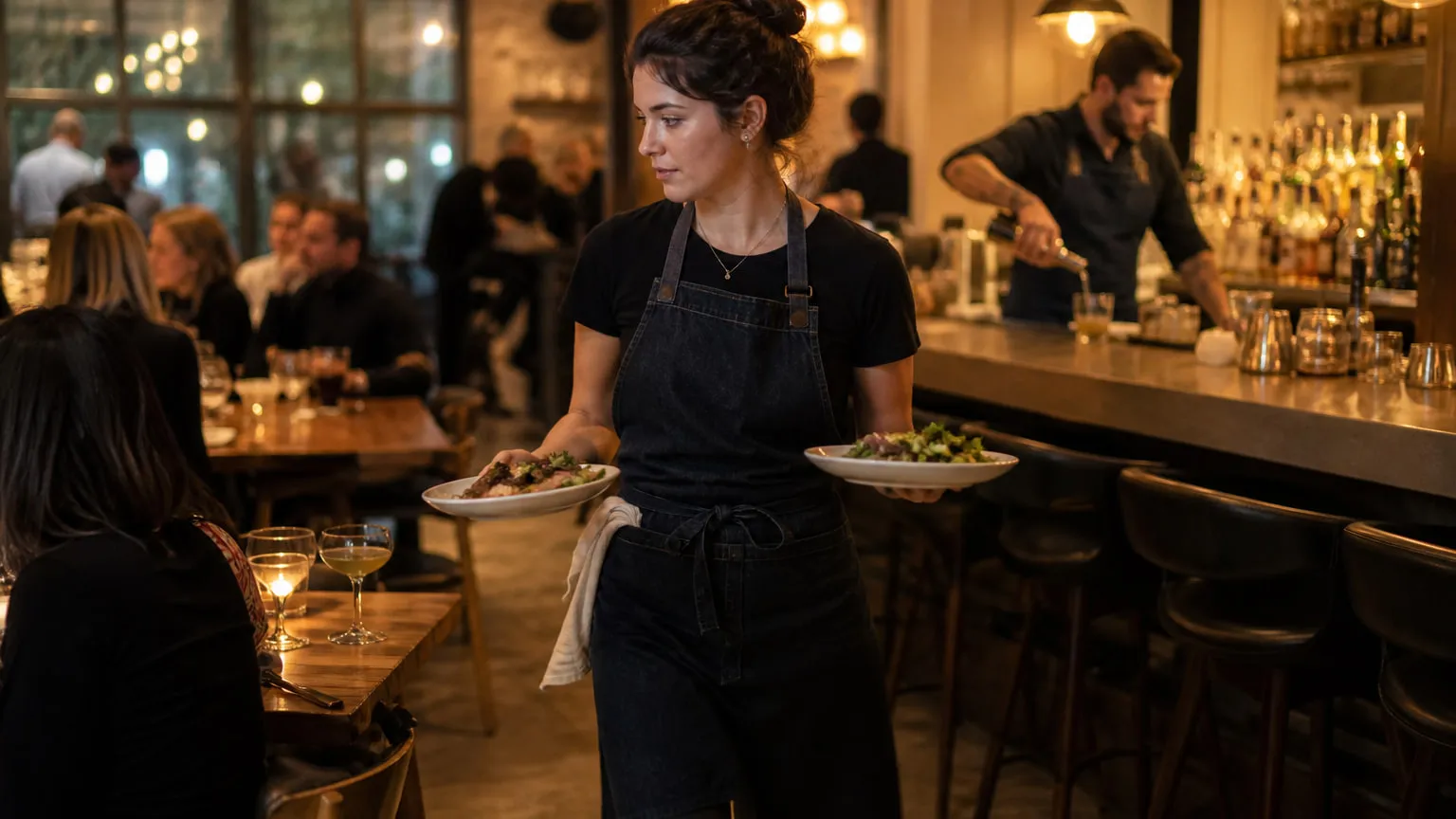 A server carries two plates through a busy dining room while a bartender pours a drink behind the bar