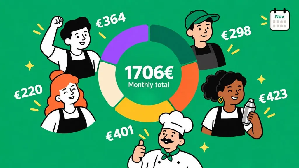Five hospitality teammates around a monthly tip total donut chart, each with their euro share