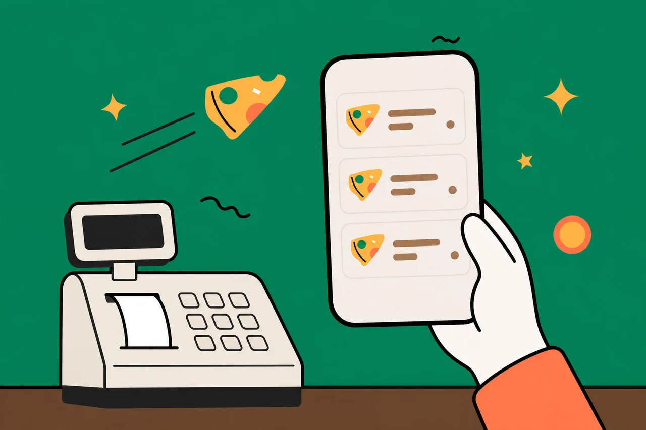 A hand holding a phone that shows a three-person tip split next to a cream cash register