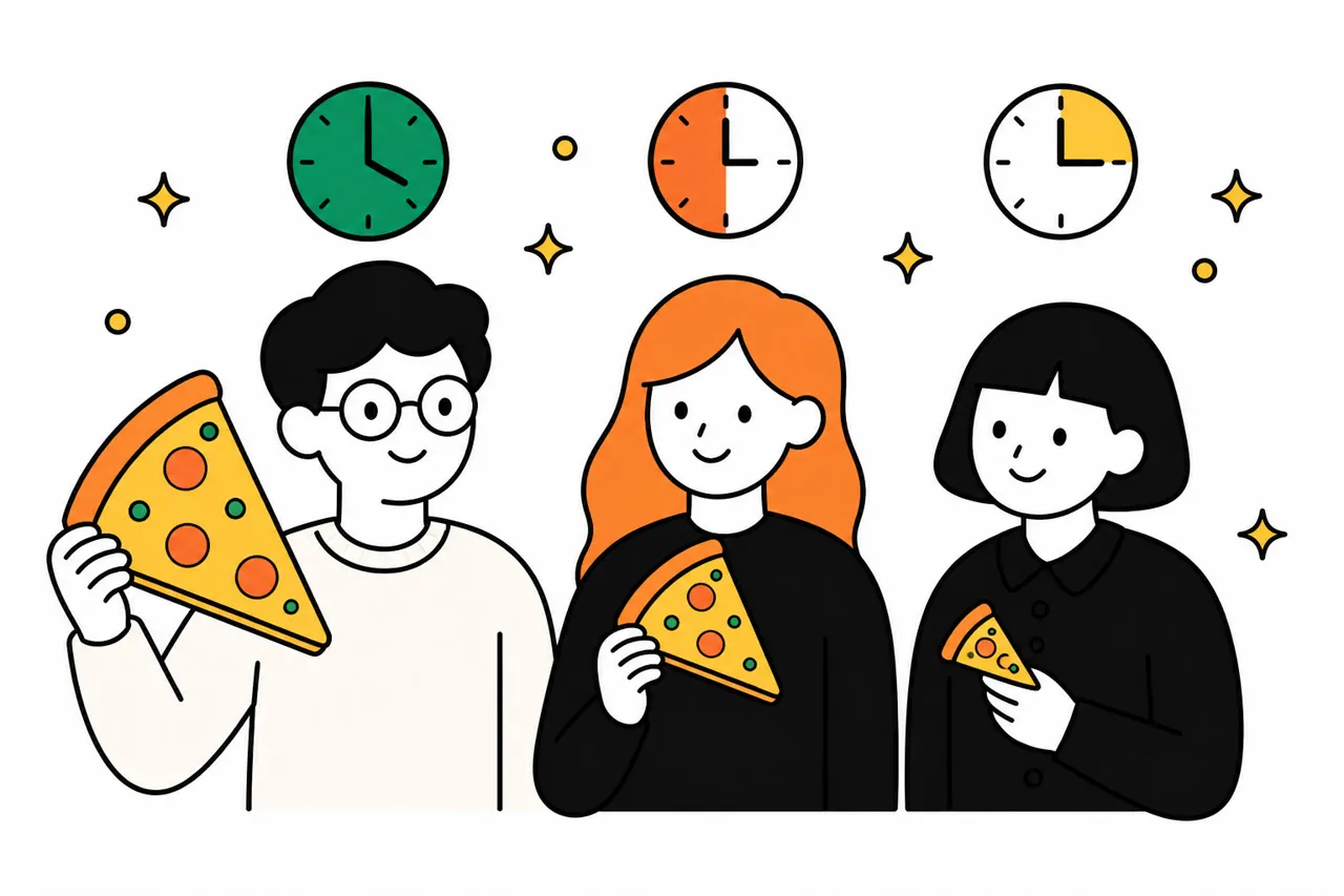 Three colleagues holding pizza slices of different sizes, each with a clock showing a different length of time
