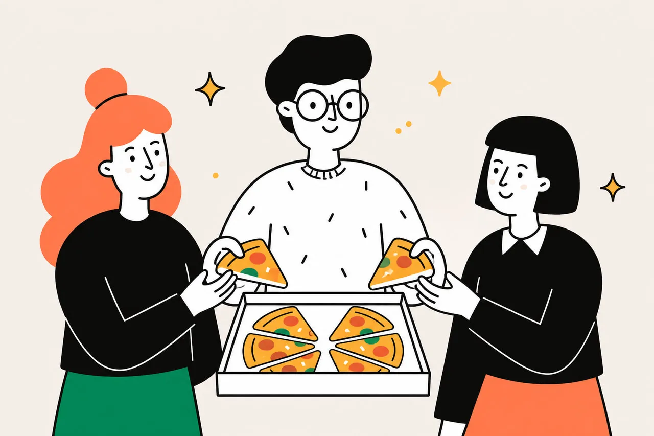 Drei Kolleginnen und Kollegen teilen Pizzastücke aus einem Karton, den sie gemeinsam halten