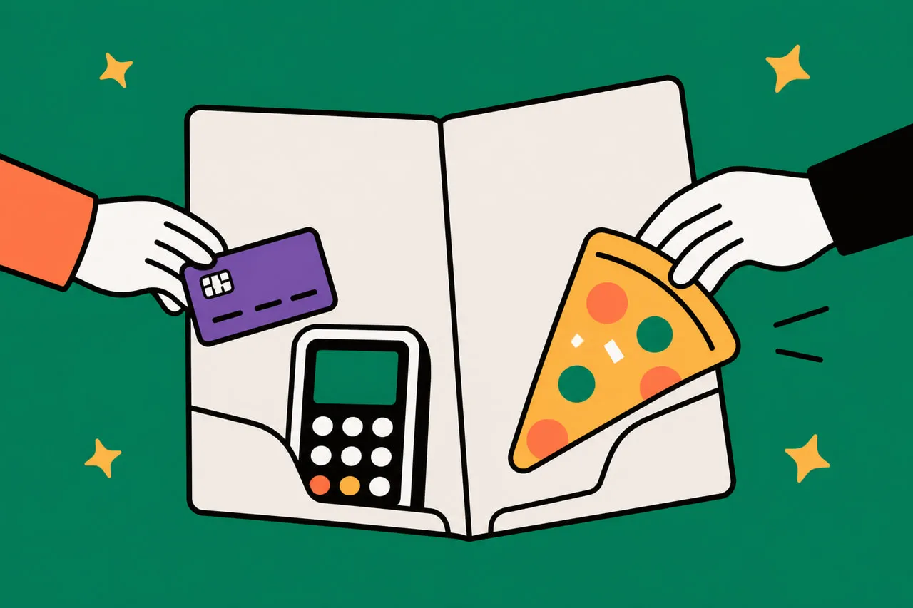 Eine Rechnungsmappe: links Kartenzahlung, rechts ein Pizzastück als Trinkgeld